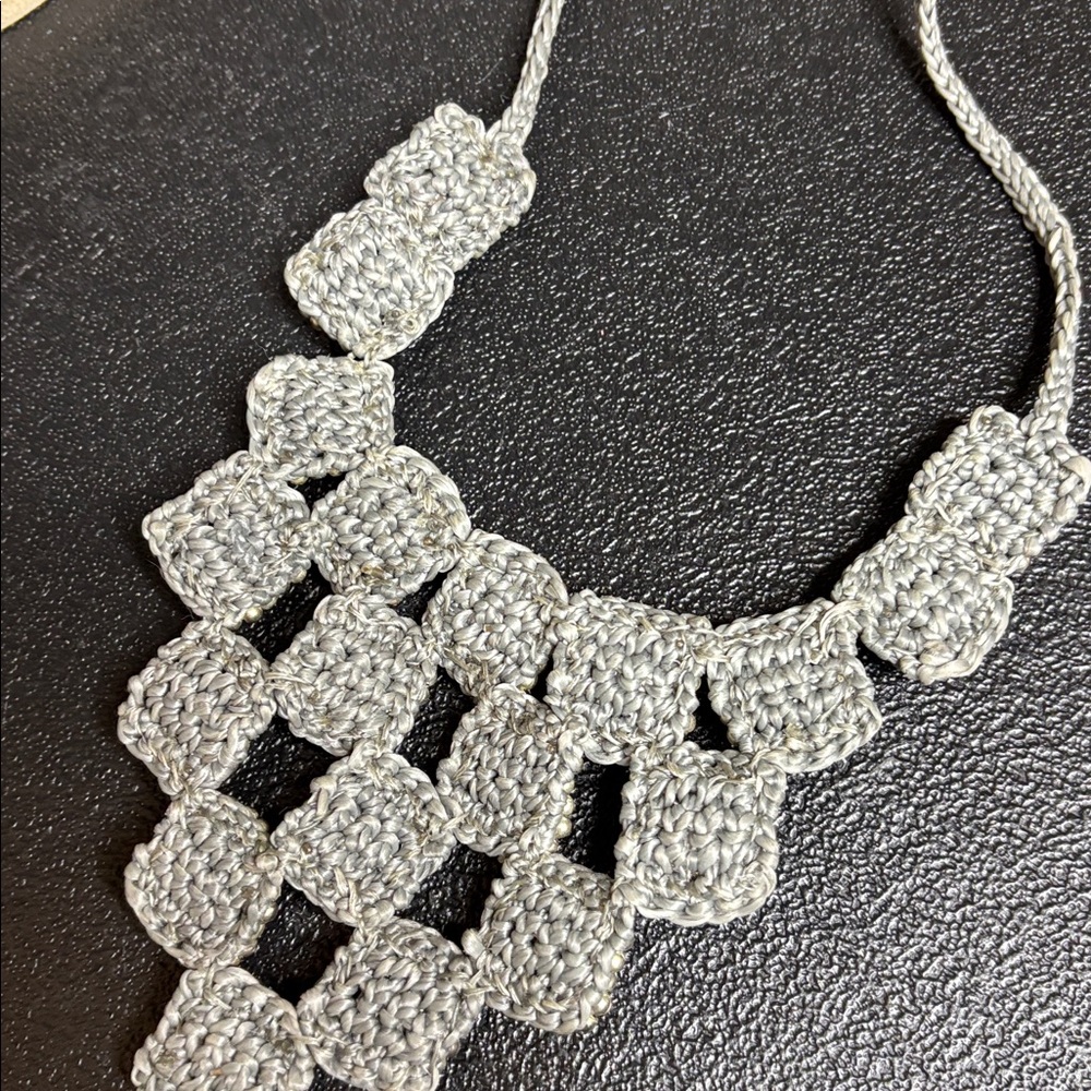 Silver Bib Macrame Statement Modernist Necklace - image 7